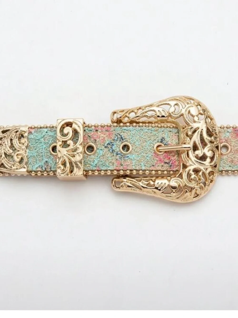 Gold-Tone Floral Embroidered Western Belt - Blue Multi
